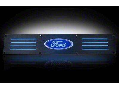 Billet Front Door Sill Plates with Ford Logo; Black Finish with Blue Illumination (11-16 F-350 Super Duty)