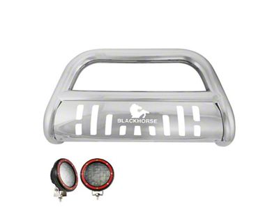 Bull Bar with Stainless Steel Skid Plate and 5.30-Inch Red Round Flood LED Lights; Stainless Steel (17-25 F-350 Super Duty)