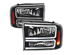 Euro Factory Style Headlights with Dual LED C-Bar and Amber Reflector; Matte Black Housing; Clear Lens (99-04 F-350 Super Duty)