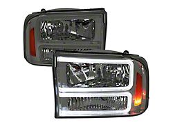 Euro Factory Style Headlights with Dual LED C-Bar and Amber Reflector; Chrome Housing; Smoke Lens (99-04 F-350 Super Duty)