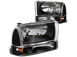 Factory Style Headlights with Amber Corner; Black Housing; Clear Lens (99-04 F-350 Super Duty)