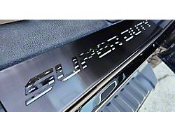 Illuminated Black Brushed Stainless Front Door Sill Covers with Super Duty American Flag Font Logo; Red (17-24 F-350 Super Duty)