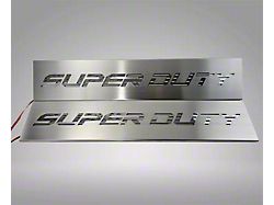 Illuminated Brushed Stainless Front Door Sill Covers with Super Duty American Flag Font Logo; White (17-26 F-350 Super Duty)