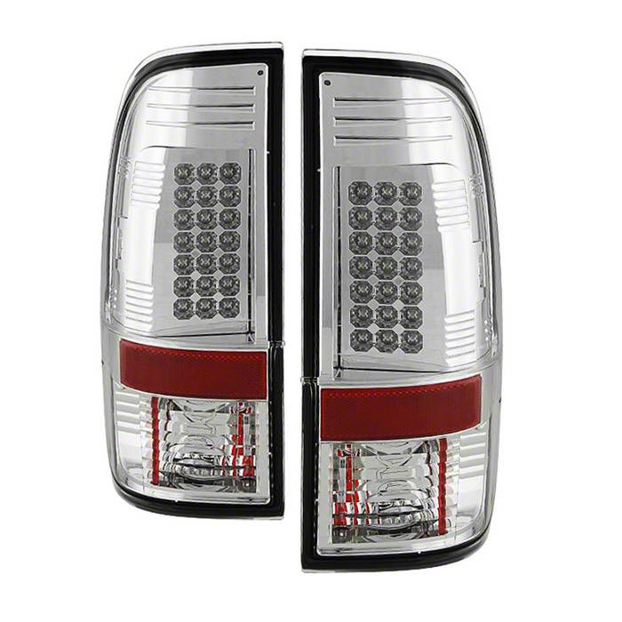 Pair LED Tail Lights + Third Brake Lamp For 99-07 Ford Super Duty – Chrome Housing, Clear Lens, Red LED