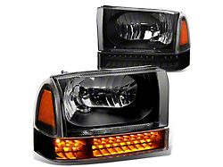 LED Turn Signal Headlights with Amber Corner; Black Housing; Clear Lens (99-04 F-350 Super Duty w/o Sealed Beam Headlights)