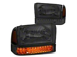 LED Turn Signal Headlights with Amber Corner; Chrome Housing; Smoked Lens (99-04 F-350 Super Duty w/o Sealed Beam Headlights)