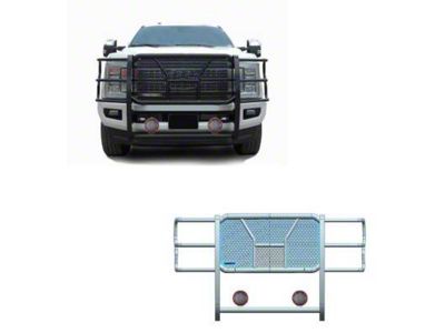 Rugged Heavy Duty Grille Guard with 5.30-Inch Red Round Flood LED Lights; Black (17-22 F-350 Super Duty)