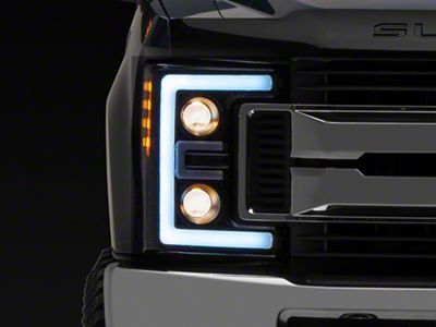LED DRL Projector Headlights with Amber Corner Lights; Black Housing; Clear Lens (17-19 F-350 Super Duty w/ Factory Halogen Headlights)