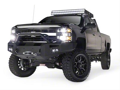 Fab Fours Premium Heavy Duty Winch Front Bumper with Pre-Runner Guard; Not Pre-Drilled for Front Parking Sensors; Bare Steel (15-19 Silverado 2500 HD)