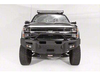 Fab Fours Premium Heavy Duty Winch Front Bumper with Pre-Runner Guard; Pre-Drilled for Front Parking Sensors; Bare Steel (15-19 Silverado 2500 HD)