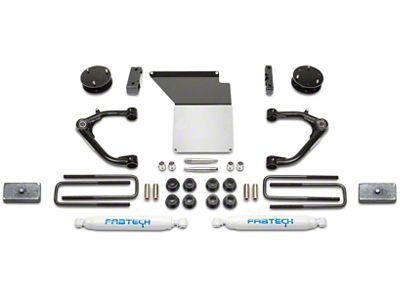 Fabtech 3-Inch Uniball Upper Control Arm System with Performance Shocks (14-18 2WD/4WD Silverado 1500 Double Cab, Crew Cab w/ Stock Cast Steel Control Arms)