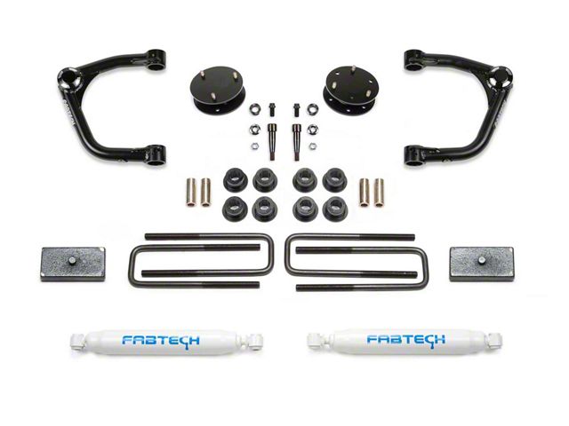 Fabtech 3-Inch Uniball Upper Control Arm Lift Kit with Performance Shocks (19-24 Sierra 1500 Double Cab, Crew Cab, Excluding AT4, Denali & Diesel)