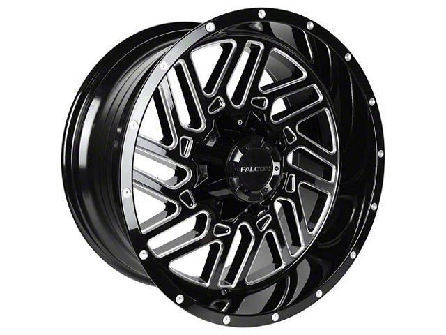 Falcon Wheels F2 Series Glossy Black with Diamond Milling 6-Lug Wheel; 20x12; -44mm Offset (14-18 Silverado 1500)