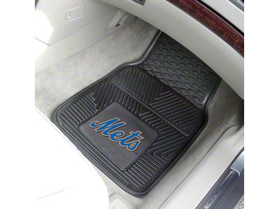 Vinyl Front Floor Mats with New York Mets Logo; Black (Universal; Some Adaptation May Be Required)