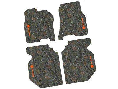 Factory Floorpan Fit Tire Tread/Scorched Earth Scene Front and Rear Floor Mats with Orange RAM Logo and Text Insert; Rugged Woods (19-24 RAM 1500 Crew Cab)