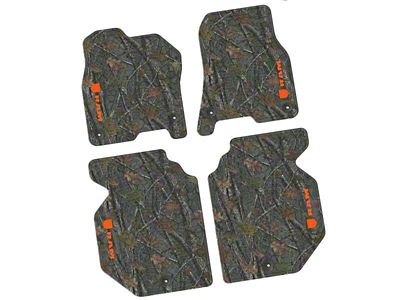 FLEXTREAD Factory Floorpan Fit Tire Tread/Scorched Earth Scene Front and Rear Floor Mats with Orange RAM Logo and Text Insert; Rugged Woods (19-24 RAM 1500 Crew Cab)