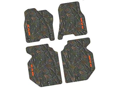 Factory Floorpan Fit Tire Tread/Scorched Earth Scene Front and Rear Floor Mats with Orange RAM Text Insert; Rugged Woods (19-24 RAM 1500 Crew Cab)