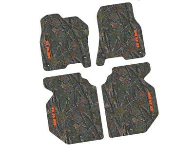 FLEXTREAD Factory Floorpan Fit Tire Tread/Scorched Earth Scene Front and Rear Floor Mats with Orange RAM Text Insert; Rugged Woods (19-24 RAM 1500 Crew Cab)