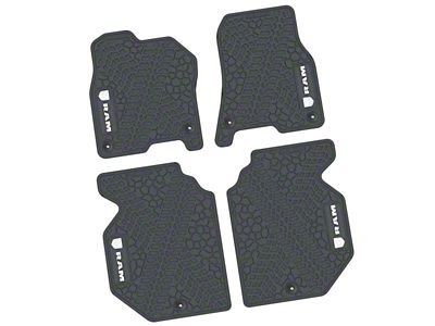 Factory Floorpan Fit Tire Tread/Scorched Earth Scene Front and Rear Floor Mats with White RAM Logo and Text Insert; Grey (19-24 RAM 1500 Crew Cab)