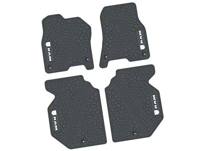 FLEXTREAD Factory Floorpan Fit Tire Tread/Scorched Earth Scene Front and Rear Floor Mats with White RAM Logo and Text Insert; Grey (19-24 RAM 1500 Crew Cab)