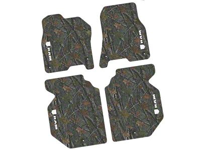 Factory Floorpan Fit Tire Tread/Scorched Earth Scene Front and Rear Floor Mats with White RAM Logo and Text Insert; Rugged Woods (19-24 RAM 1500 Crew Cab)