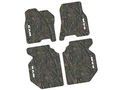 FLEXTREAD Factory Floorpan Fit Tire Tread/Scorched Earth Scene Front and Rear Floor Mats with White RAM Text Insert; Rugged Woods (19-24 RAM 1500 Crew Cab)