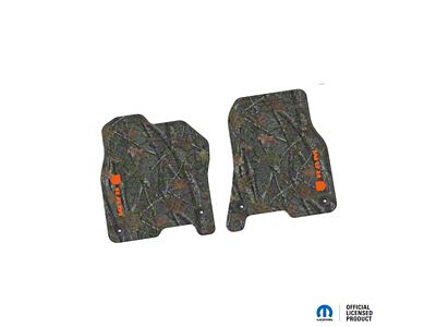 Factory Floorpan Fit Tire Tread/Scorched Earth Scene Front Floor Mats with Orange RAM Logo and Text Insert; Rugged Woods (19-24 RAM 1500)
