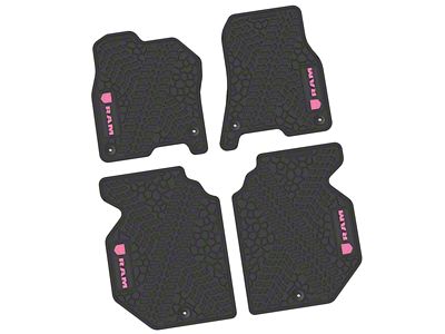 Factory Floorpan Fit Tire Tread/Scorched Earth Scene Front and Rear Floor Mats with Pink RAM Logo and Text Insert; Black (19-24 RAM 1500 Crew Cab)