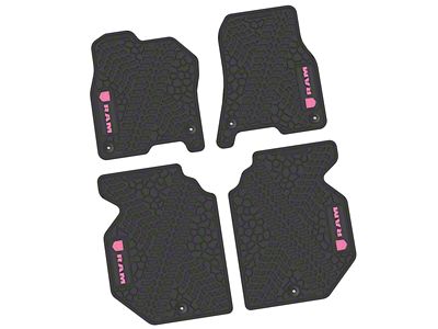 FLEXTREAD Factory Floorpan Fit Tire Tread/Scorched Earth Scene Front and Rear Floor Mats with Pink RAM Logo and Text Insert; Black (19-24 RAM 1500 Crew Cab)