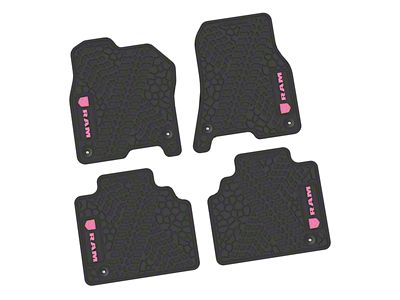 Factory Floorpan Fit Tire Tread/Scorched Earth Scene Front and Rear Floor Mats with Pink RAM Logo and Text Insert; Black (19-24 RAM 1500 Quad Cab)