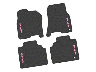 Factory Floorpan Fit Tire Tread/Scorched Earth Scene Front and Rear Floor Mats with Pink RAM Logo and Text Insert; Black (19-24 RAM 1500 Quad Cab)