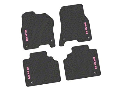 FLEXTREAD Factory Floorpan Fit Tire Tread/Scorched Earth Scene Front and Rear Floor Mats with Pink RAM Logo and Text Insert; Black (19-24 RAM 1500 Quad Cab)