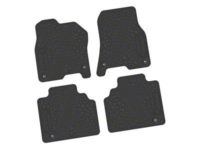 Factory Floorpan Fit Tire Tread/Scorched Earth Scene Front and Rear Floor Mats with RAM Logo and Text Insert; Black (19-24 RAM 1500 Quad Cab)