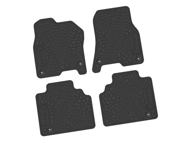 FLEXTREAD Factory Floorpan Fit Tire Tread/Scorched Earth Scene Front and Rear Floor Mats with RAM Logo and Text Insert; Black (19-24 RAM 1500 Quad Cab)