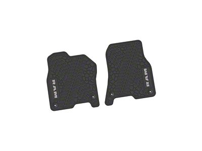 Factory Floorpan Fit Tire Tread/Scorched Earth Scene Front Floor Mats with Silver RAM Logo and Text Insert; Black (19-24 RAM 1500)