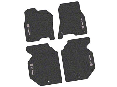 Factory Floorpan Fit Tire Tread/Scorched Earth Scene Front and Rear Floor Mats with Silver RAM Logo and Text Insert; Black (19-24 RAM 1500 Crew Cab)
