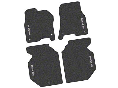 Factory Floorpan Fit Tire Tread/Scorched Earth Scene Front and Rear Floor Mats with Silver RAM Logo and Text Insert; Black (19-24 RAM 1500 Crew Cab)