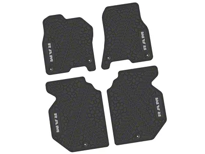 FLEXTREAD Factory Floorpan Fit Tire Tread/Scorched Earth Scene Front and Rear Floor Mats with Silver RAM Logo and Text Insert; Black (19-24 RAM 1500 Crew Cab)