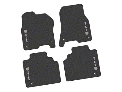 Factory Floorpan Fit Tire Tread/Scorched Earth Scene Front and Rear Floor Mats with Silver RAM Logo and Text Insert; Black (19-24 RAM 1500 Quad Cab)
