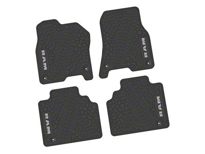 Factory Floorpan Fit Tire Tread/Scorched Earth Scene Front and Rear Floor Mats with Silver RAM Logo and Text Insert; Black (19-24 RAM 1500 Quad Cab)