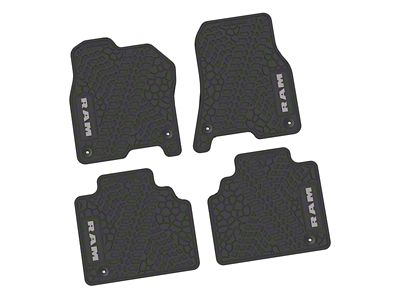 FLEXTREAD Factory Floorpan Fit Tire Tread/Scorched Earth Scene Front and Rear Floor Mats with Silver RAM Logo and Text Insert; Black (19-24 RAM 1500 Quad Cab)