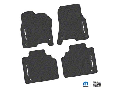 Factory Floorpan Fit Tire Tread/Scorched Earth Scene Front and Rear Floor Mats with White Bighorn Insert; Black (19-24 RAM 1500 Quad Cab)