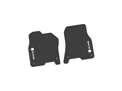 Factory Floorpan Fit Tire Tread/Scorched Earth Scene Front Floor Mats with White RAM Logo and Text Insert; Black (19-24 RAM 1500)
