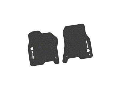 FLEXTREAD Factory Floorpan Fit Tire Tread/Scorched Earth Scene Front Floor Mats with White RAM Logo and Text Insert; Black (19-24 RAM 1500)