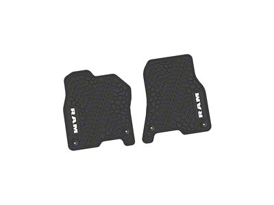 Factory Floorpan Fit Tire Tread/Scorched Earth Scene Front Floor Mats with White RAM Logo and Text Insert; Black (19-24 RAM 1500)