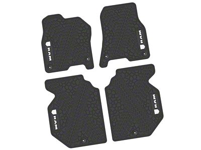 Factory Floorpan Fit Tire Tread/Scorched Earth Scene Front and Rear Floor Mats with White RAM Logo and Text Insert; Black (19-24 RAM 1500 Crew Cab)