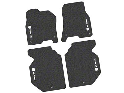 FLEXTREAD Factory Floorpan Fit Tire Tread/Scorched Earth Scene Front and Rear Floor Mats with White RAM Logo and Text Insert; Black (19-24 RAM 1500 Crew Cab)