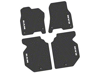 Factory Floorpan Fit Tire Tread/Scorched Earth Scene Front and Rear Floor Mats with White RAM Logo and Text Insert; Black (19-24 RAM 1500 Crew Cab)