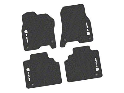 Factory Floorpan Fit Tire Tread/Scorched Earth Scene Front and Rear Floor Mats with White RAM Logo and Text Insert; Black (19-24 RAM 1500 Quad Cab)