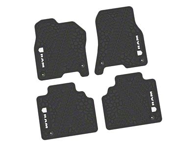 FLEXTREAD Factory Floorpan Fit Tire Tread/Scorched Earth Scene Front and Rear Floor Mats with White RAM Logo and Text Insert; Black (19-24 RAM 1500 Quad Cab)